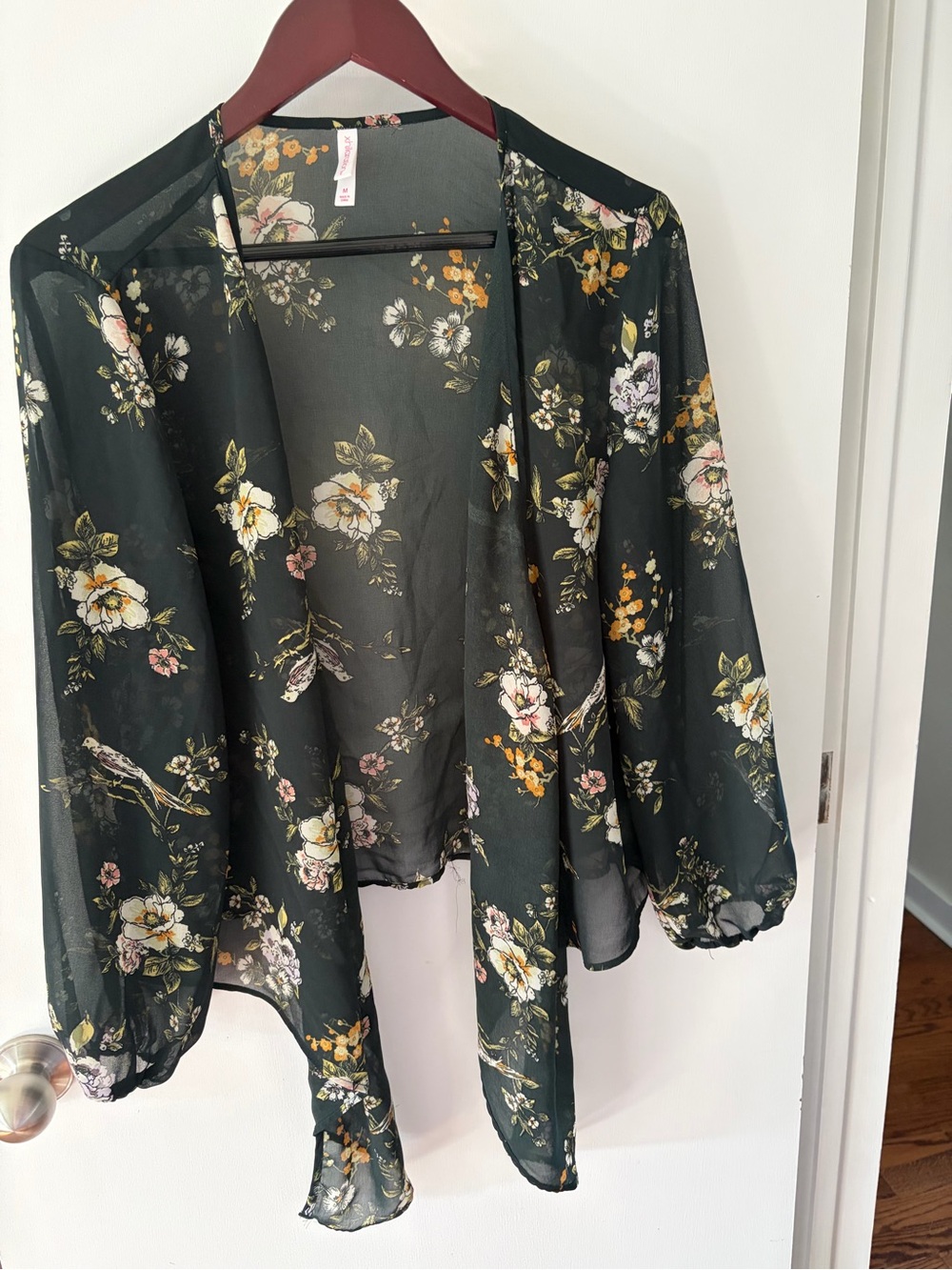 Xhilaration Black Floral Sheer Kimono with Yellow & Pink Accents